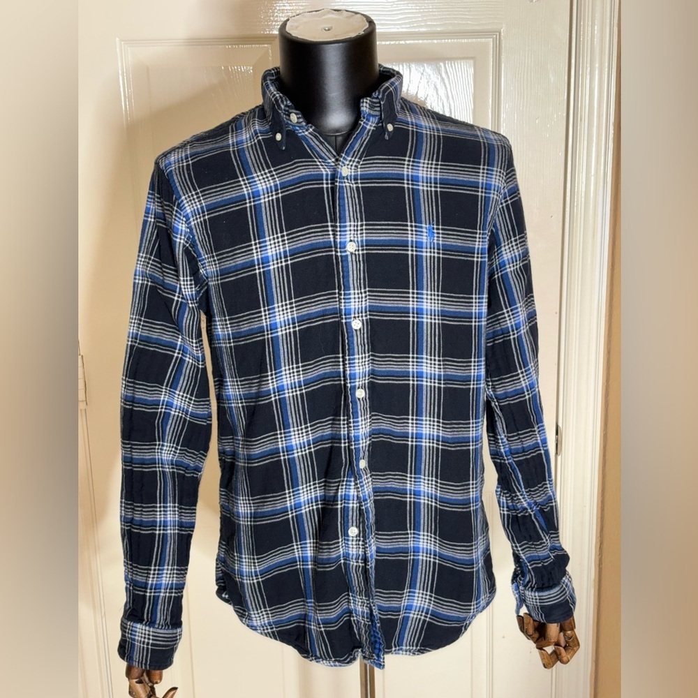 RALPH LAUREN Mens M DOUBLE FACED PLAID SPORT SHIRT Blue Black COTTON​​ - Picture 5 of 11